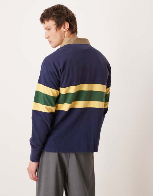 Polo Ralph Lauren duck logo chest stripe rugby polo classic oversized fit in navy/multi, 3 of 5