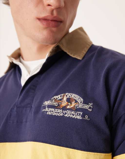 Polo Ralph Lauren duck logo chest stripe rugby polo classic oversized fit in navy/multi, 5 of 5