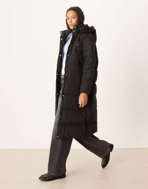 Polo Ralph Lauren icon logo long hooded puffer jacket in black