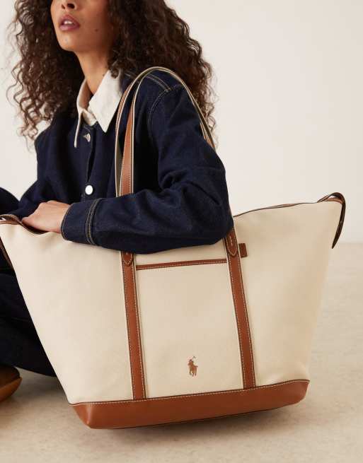 Polo Ralph Lauren – Duża płócienna torba typu tote w kolorze ecru i jasnobrązowym