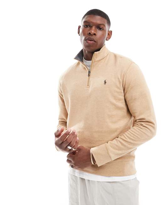Polo Ralph Lauren – Dzianinowa bluza w melanżowym camelowym kolorze z zamkiem pod szyją i logo