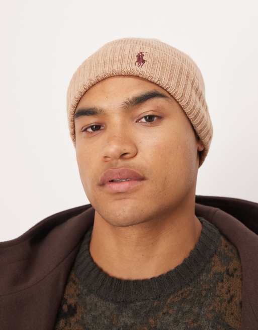 Polo Ralph Lauren – Dzianinowa czapka beanie z wełny merino w camelowym melanżowym kolorze z logo