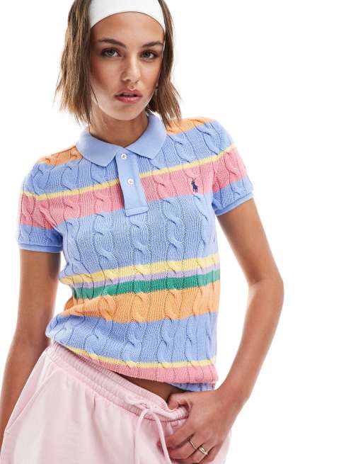 Polo Ralph Lauren – Dzianinowa koszulka polo z warkoczowym splotem, kolorowymi paskami i logo