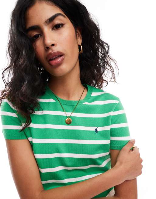 Polo Ralph Lauren – Dzianinowy top z krótkimi rękawami, wzorem w zielone paski i logo z kucykiem