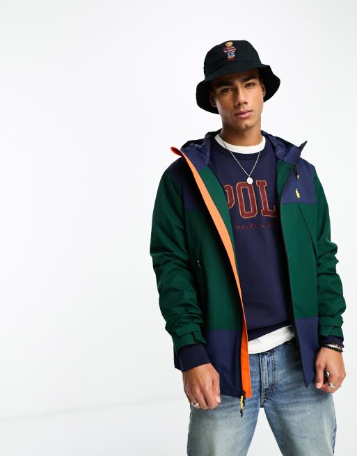 Polo Ralph Lauren Eastland icon logo lined colourblock hooded windbreaker  jacket in green/navy