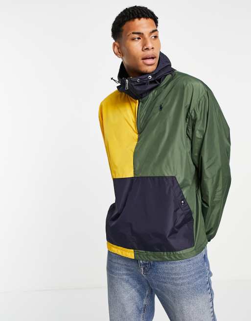 Polo Ralph Lauren eastport colour-block nylon overhead hooded jacket in  green/yellow | ASOS