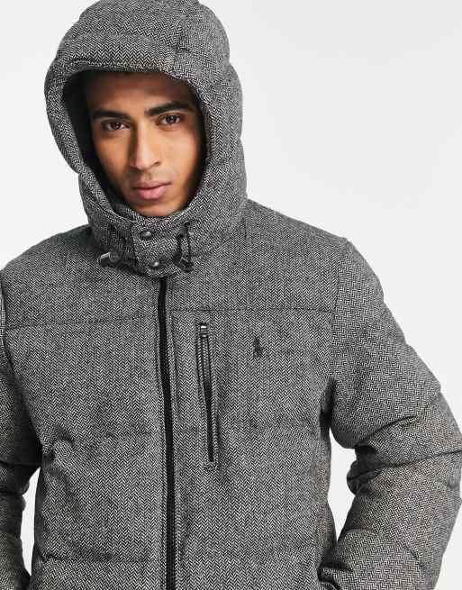 Polo Ralph Lauren El Cap down fill herringbone wool hooded puffer jacket in  black/cream | ASOS