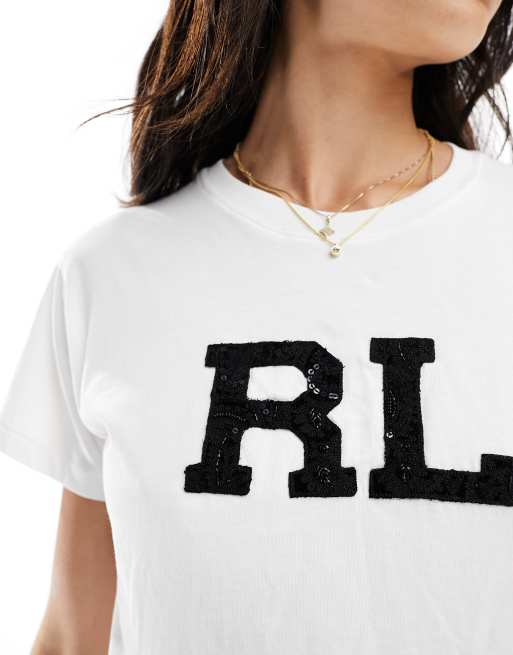 Polo Ralph Lauren embroid sequin logo t shirt in white ASOS