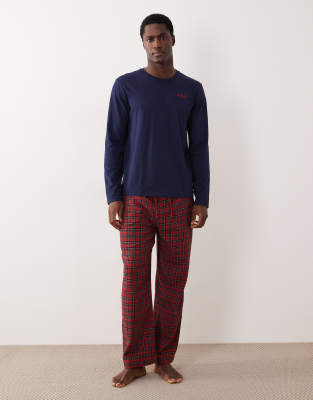 Polo Ralph Lauren - Ensemble de pyjama en flanelle avec pantalon à carreaux et top à manches longues et logo - Bleu marine/rouge