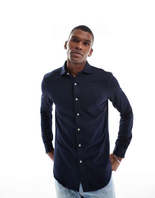 Polo Ralph Lauren - Estate - Camicia in jersey blu navy con stampa a spina di pesce e colletto