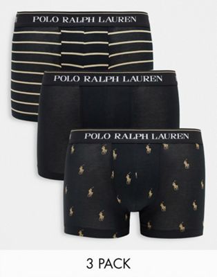 Polo Ralph Lauren exclusive 3 pack trunks in black and tan with all over pony and stripe