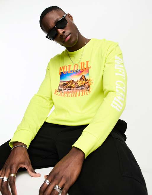 Polo Ralph Lauren – Explorer – Neonowożółty top o klasycznym kroju oversize z logo, grafiką i długimi rękawami