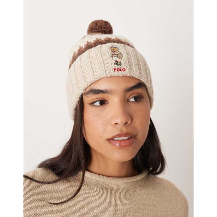 Polo Ralph Lauren Fair Isle bear pom-pom beanie hat in cream ASOS
