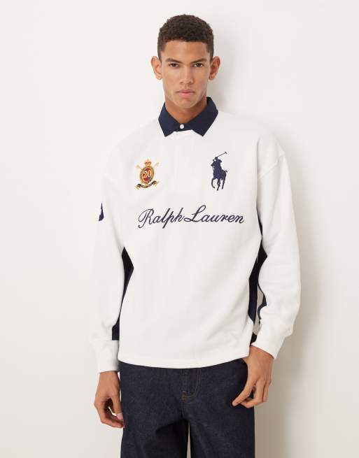 Polo Ralph Lauren - Felpa bianca da rugby in pile pesante con logo del giocatore e scritta grande