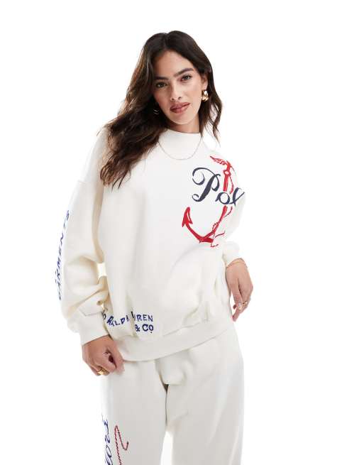 Polo Ralph Lauren - Felpa color crema con logo e stampa in stile nautico in coordinato