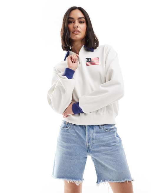 Polo Ralph Lauren - Felpa color crema con zip corta e logo USA