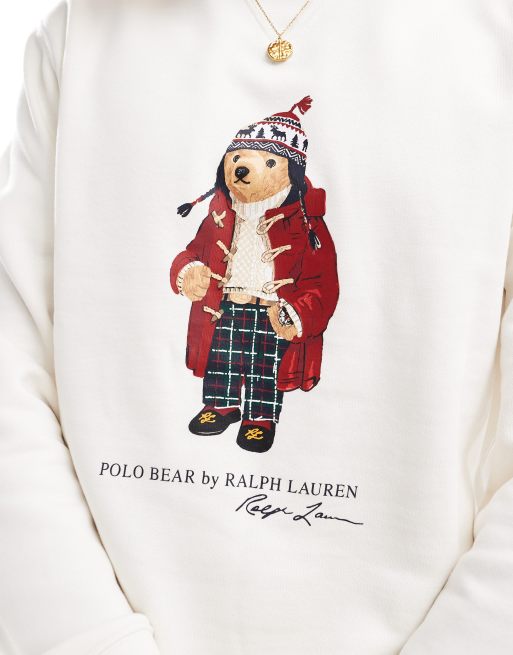 Polo Ralph Lauren Felpa color crema in pile con stampa di orsetto natalizio ASOS