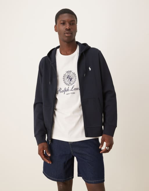 Polo Ralph Lauren - Felpa con cappuccio blu navy in maglia doppia con zip