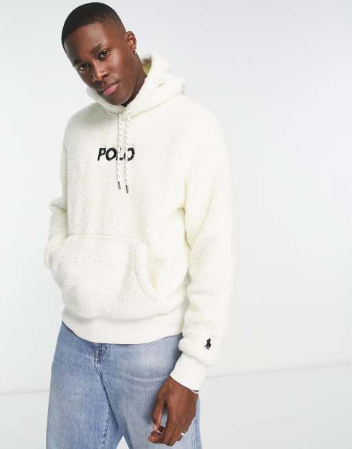 Polo Ralph Lauren - Felpa con cappuccio crema in pile borg con logo sul davanti