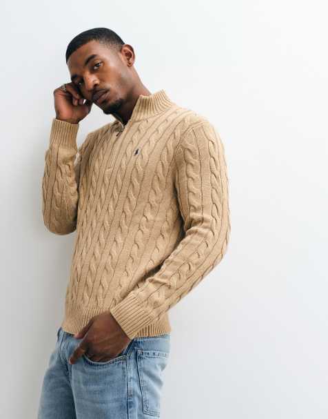 Polo Ralph Lauren felpa in cotone a trecce con logo icon e mezza zip, beige - view 1