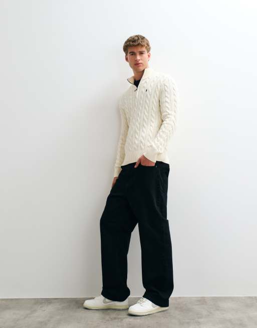 Polo Ralph Lauren felpa in cotone a trecce con logo icon e mezza zip color crema, 4 di 5