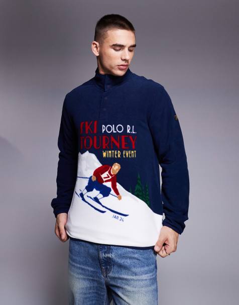 Polo Ralph Lauren - Felpa in pile blu navy con stampa di sciatore e zip corta - view 1