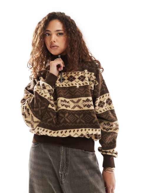 Polo Ralph Lauren - Felpa in pile borg marrone con stampa e zip corta