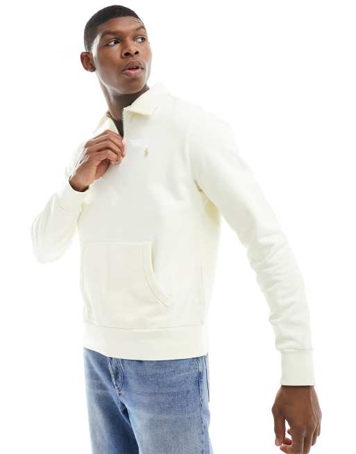 Polo Ralph Lauren - Felpa in spugna con rovescio a ricci color crema con logo e zip corta