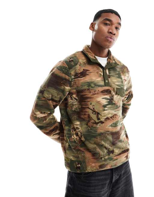 Polo Ralph Lauren - Felpa multicolore con stampa di paesaggio effetto mimetico in pile borg con zip corta