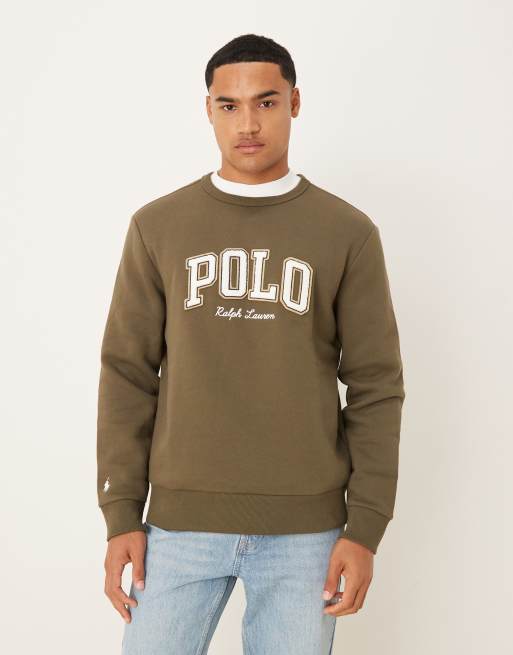 Polo Ralph Lauren - Felpa verde oliva in pile con scritta stile college grande del logo