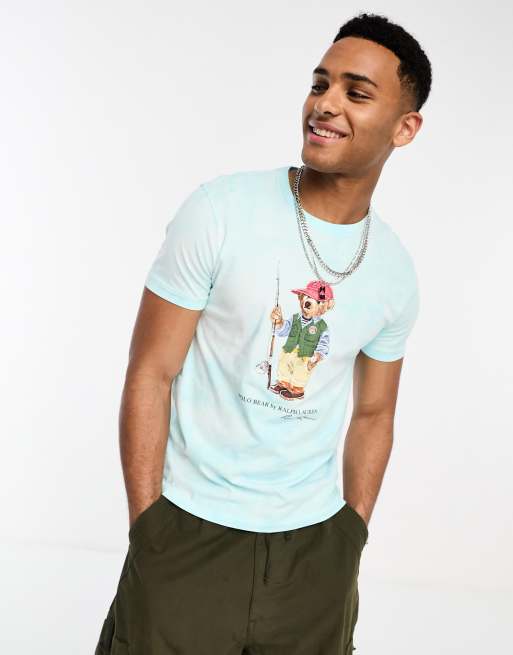 Polo Ralph Lauren fishing bear print acid wash T-shirt custom fit in aqua  blue | ASOS