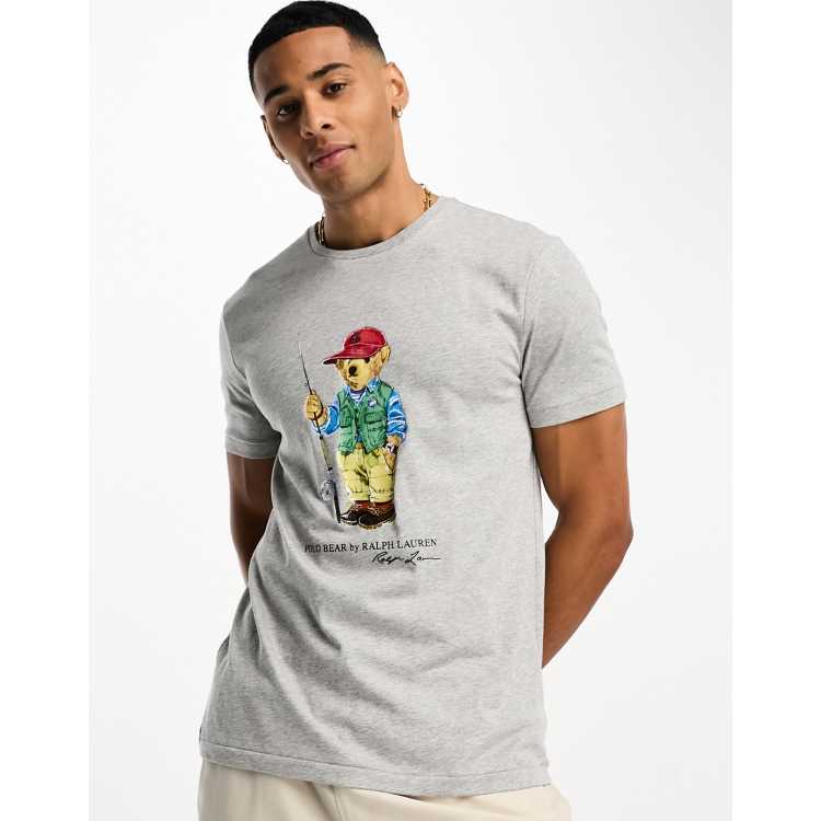 Polo Ralph Lauren fishing bear print T-shirt custom fit in gray