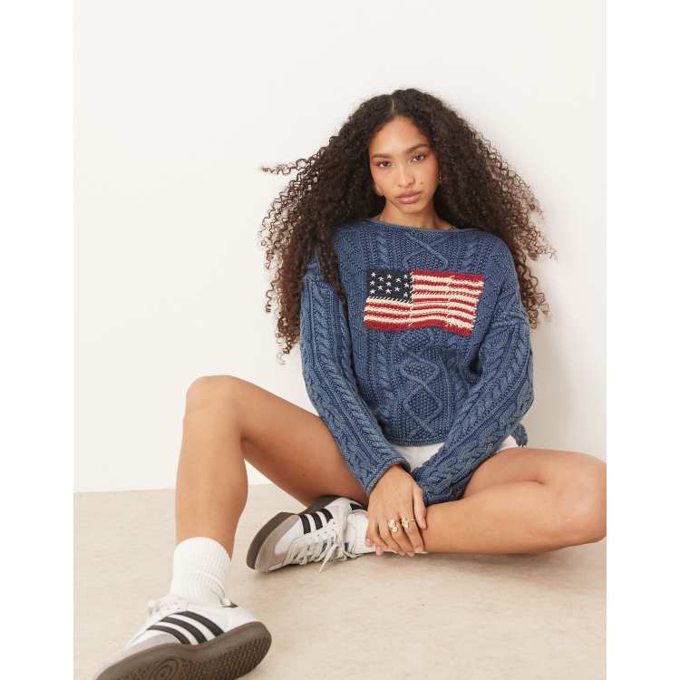 ［未使用］POLO RALPH LAUREN ライトブルー セーター US S Polo Ralph Lauren flag cable knit jumper in light blue | ASOS