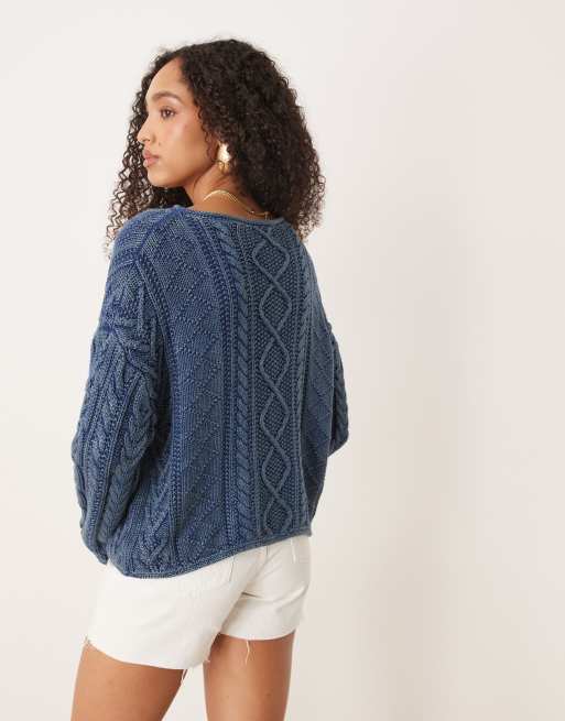 Polo Ralph Lauren flag cable knit jumper in light blue, 4 of 4
