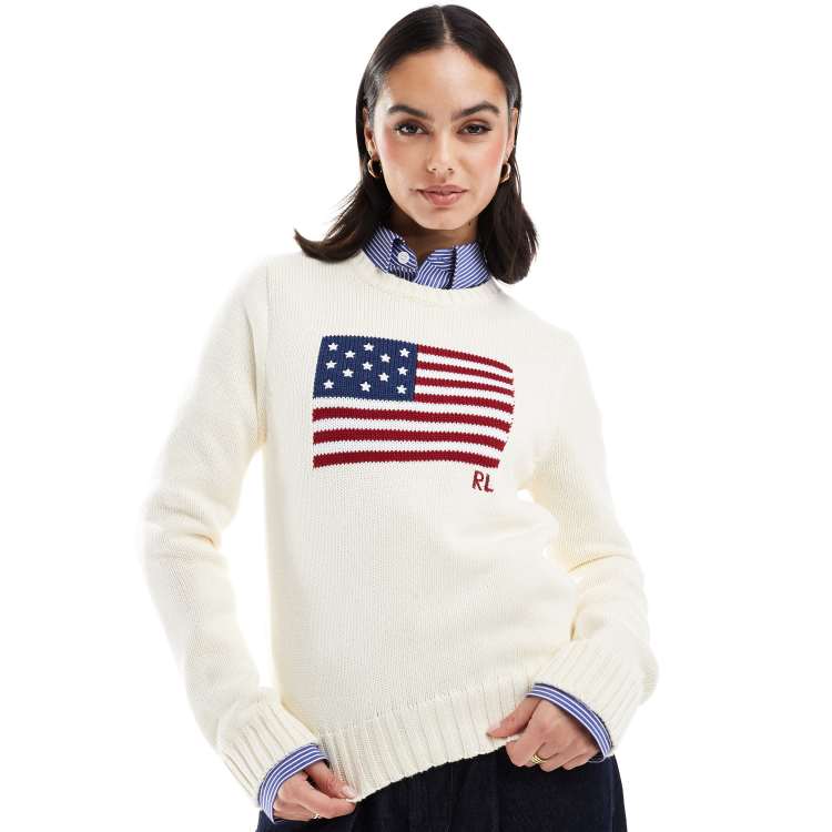 Polo Ralph Lauren flag knitted jumper in cream ASOS