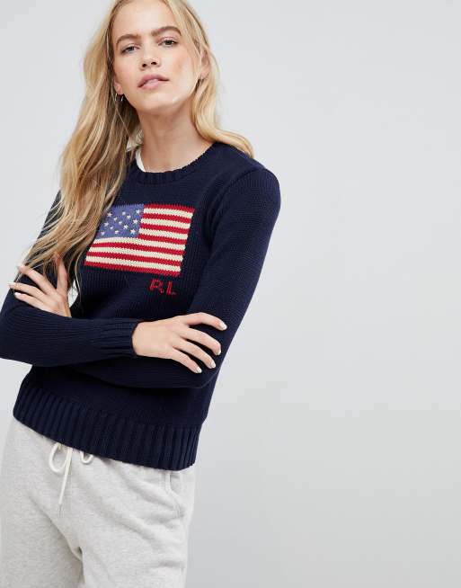 Polo RALPH LAUREN FLAG JUMPER American US Knit Cotton Womens Sweater White  XS L