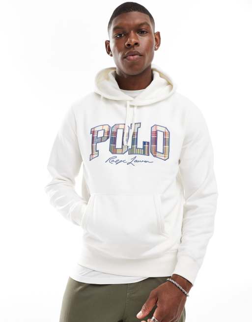 Polo Ralph Lauren – Fleece-Kapuzenpullover in gebrochenem Weiß mit kariertem College-Logo