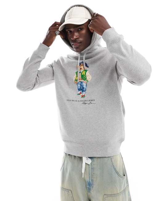 Polo Ralph Lauren – Fleece-Kapuzenpullover in Grau meliert mit College-Bärenmotiv
