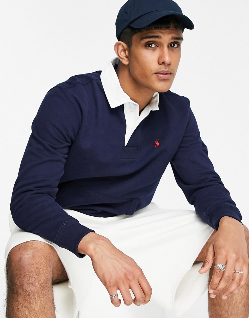 Polo Ralph Lauren fleece player logo rugby pocket sweatshirt in cruise navy