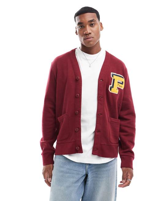 Polo Ralph Lauren – Fleece-Strickjacke im College-Stil in Burgunderrot mit Retro-Sportlogo