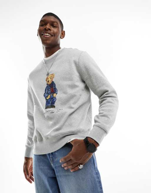 Polo Ralph Lauren - Fleece sweatshirt met denim beerprint in gemêleerd grijs