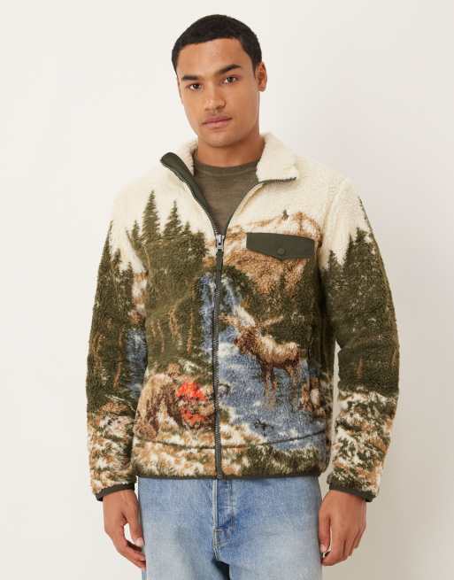 Polo Ralph Lauren – Flerfärgad jacka i teddy med sceniskt naturmotiv och dragkedja