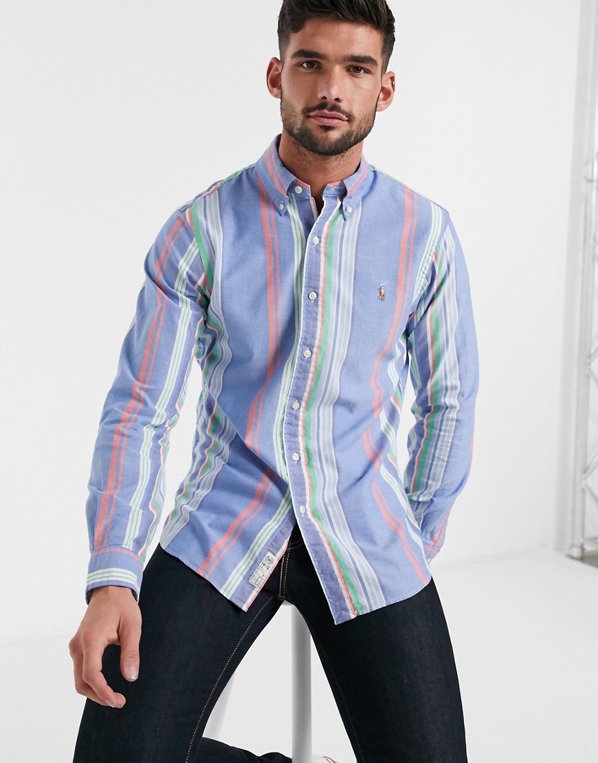 Polo Ralph Lauren – Flerfärgad randig oxfordskjorta med smal passform och logga-Blå