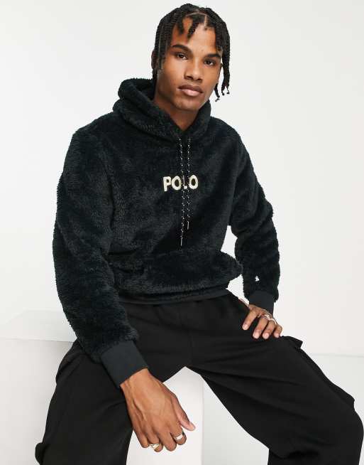 Polo Ralph Lauren front logo borg hoodie in black | ASOS