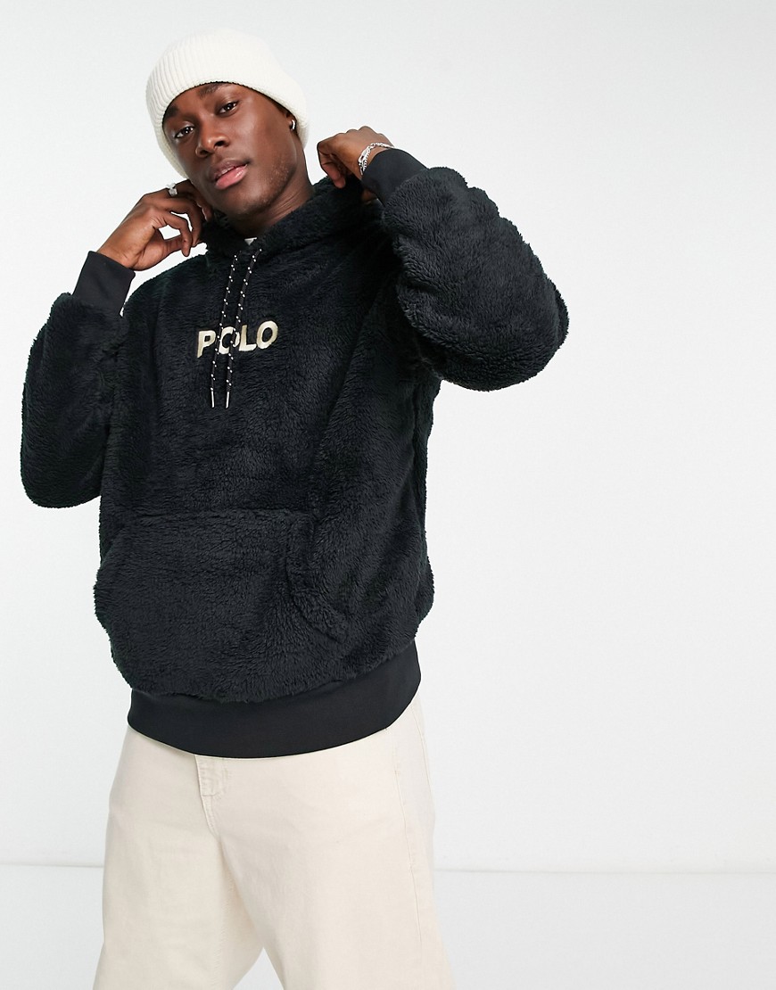 Polo Ralph Lauren front logo borg hoodie in black