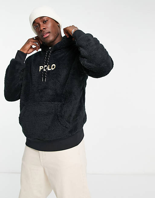 Polo Ralph Lauren front logo borg hoodie in black | ASOS