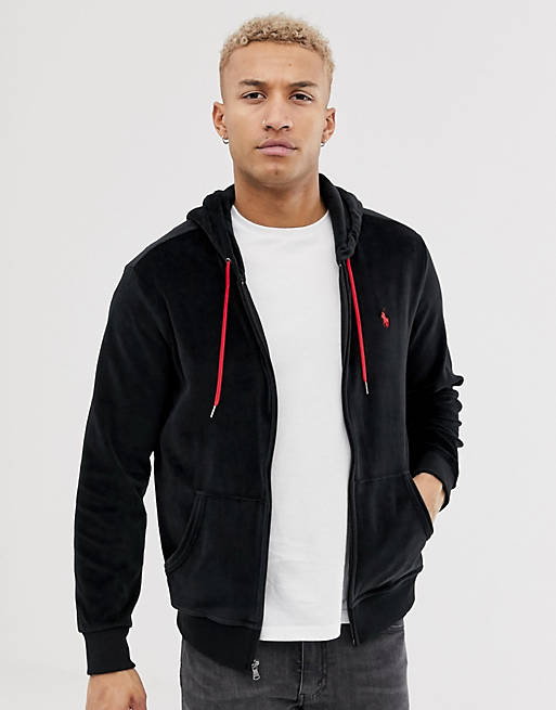 Polo Ralph Lauren full zip velour hoodie with player logo in black | ASOS