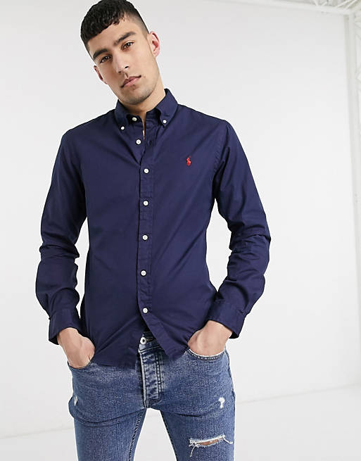 Polo Ralph Lauren garment dyed chino shirt slim fit in cruise navy | ASOS