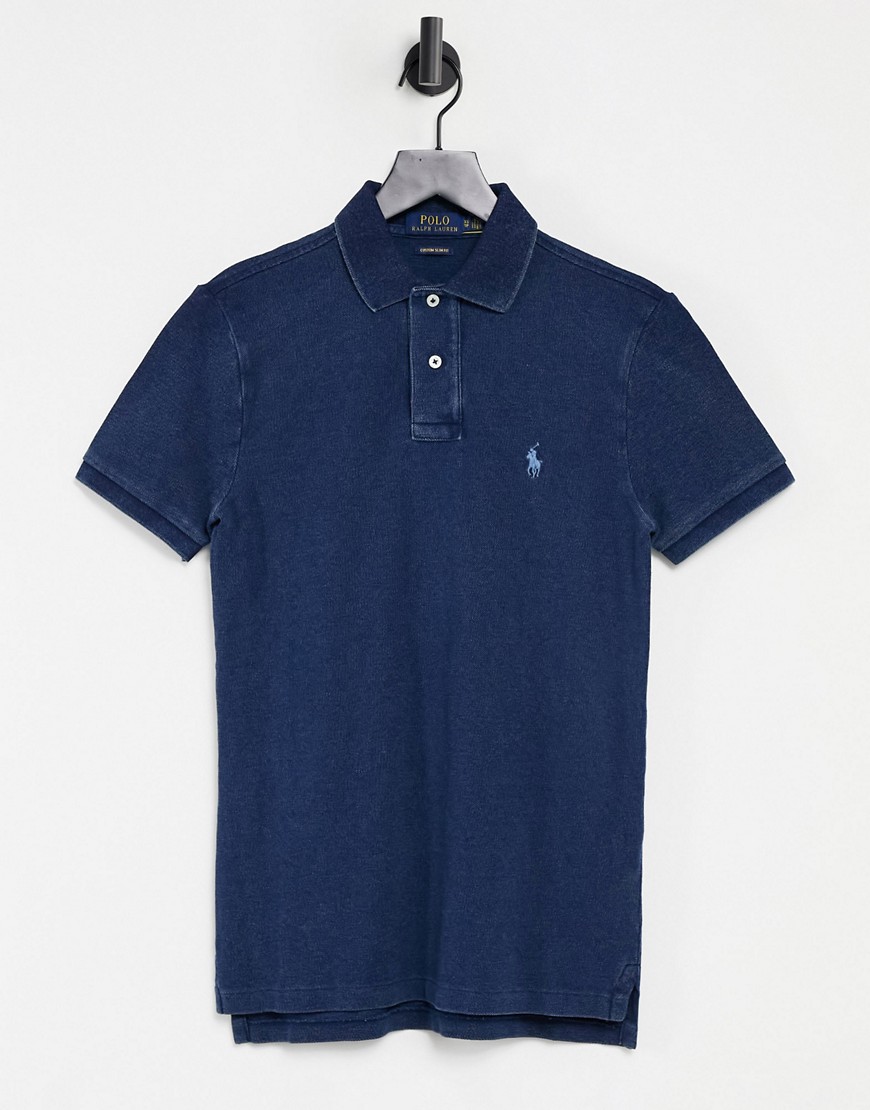 Polo Ralph Lauren garment dyed logo pique polo shirt in dark indigo-Blues