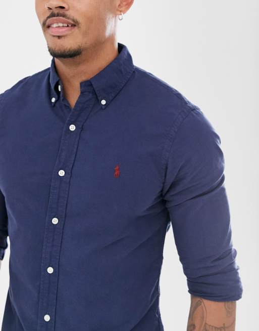 Polo Ralph Lauren garment dyed oxford shirt slim fit button down player  logo in navy | ASOS